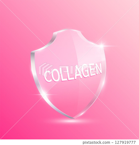 Collagen solution molecules pink in translucent glass shield modern. For design cosmetics products. Vitamins complex from nature. Medical health care skin protection. 3D Vector EPS10. 127919777