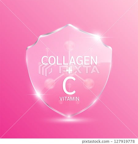 Collagen solution molecules and vitamin C pink in translucent glass shield modern. For design cosmetics products. Vitamins complex from nature. Medical health care skin protection. 3D Vector EPS10. 127919778