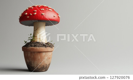 Mushroom red plant on clay pot with soil houseplant decoration botanical gardening 127920076