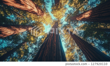 Green forest tree tall perspective view from lower with sun light nature environment 127920110