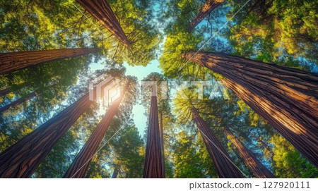 Green forest tree tall perspective view from lower with sun light nature environment 127920111