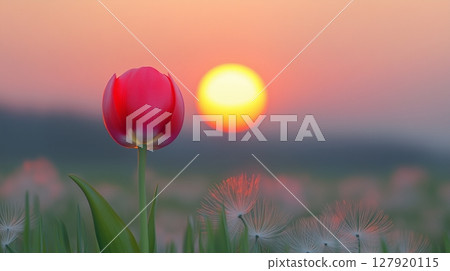 Captivating red tulip flower with sunset horizon in grass field shadow blurred Captivating red tulip flower with sunset horizon in grass field shadow blurred 127920115