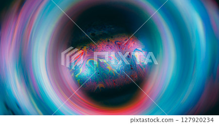 Gasoline defocused fluid. Mystical paint. Colorful light emulsion oil mix sphere. Blue red cosmic background black space neon frame. 127920234