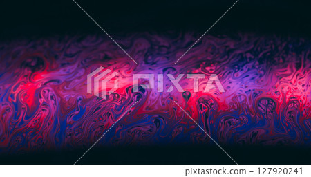 Fluorescent swirl. Vibrant ink. Colorful soap stream multilayer art reflection. Pink purple glow mix defocused abstract black background. 127920241