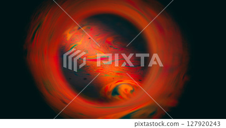 Spectrum defocused soap. Planet color eclipse. Cosmic sphere orange red ink blend on black background. Swirl glow leak abstract round frame. 127920243