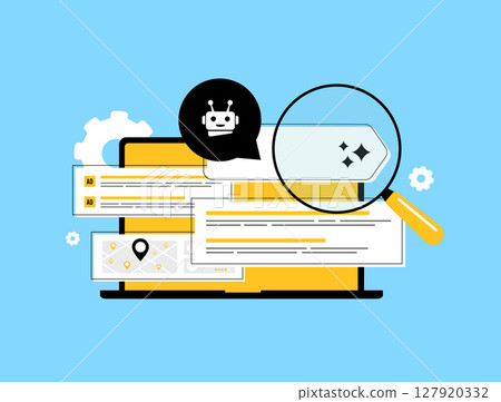 Generative engine optimization adapts SEO for AI-driven search experiences. Generative engine optimization supports content visibility. Search generative experience and generative AI SEO illustration 127920332