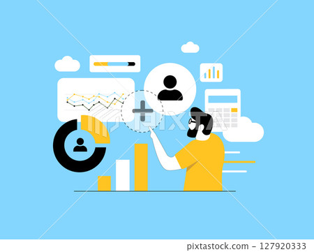 Digital twin in marketing allows predictive modeling and customer behavior simulation. Digital twin marketing supports virtual profiling and marketing automation strategies vector illustration 127920333