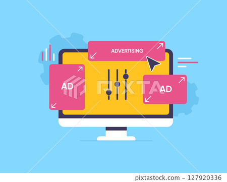 Programmatic advertising tools for ad placement and real time bidding on digital platforms. UI with charts, sliders and automation interface for ad optimization. Programmatic advertising illustration 127920336