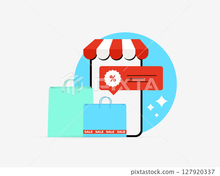 Online shopping with e-commerce discount offer and mobile commerce interface. Flat storefront, sale tags and shopping bags for flash sale and digital storefront. Online shopping vector illustration Online shopping with e-commerce discount offer and mobile commerce interface. Flat storefront, sale tags and shopping bags for flash sale and digital storefront. Online shopping vector illustration 127920337