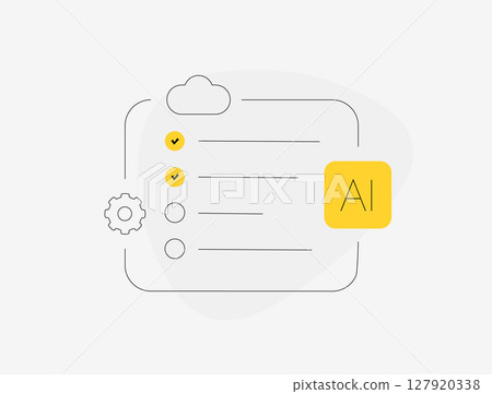 AI productivity tools for smart task manager and intelligent checklist. Flat minimal interface with cloud and gear icons visualizing AI to do list features and automated workflow. Vector illustration 127920338