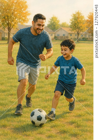 秋季天草踢足球的父子｜親子運動快樂照片 127920448
