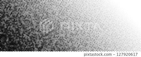 Grunge halftone gradient texture. Black pixelated corner backdrop. Weathered grit noise background. Damaged glitched print overlay. Fade gritty sand wallpaper. Vector smudged texture template surface 127920617