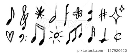 Hand drawn music notes and symbols set. Chalk doodle musical signs collection. Charcoal brush scribble music elements, sun, heart, star bundle. Crayon textured sketch music keys and clefs pack. Vector 127920620