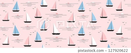 Cute boat seamless pattern. Summer marine repeated background. Pink nautical print for textile, fabric. Small cartoon yacht and birds in still water ocean. Baby nursery pattern. Vector illustration Cute boat seamless pattern. Summer marine repeated background. Pink nautical print for textile, fabric. Small cartoon yacht and birds in still water ocean. Baby nursery pattern. Vector illustration 127920622
