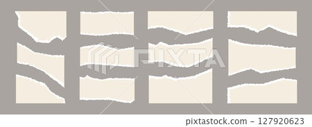 Light beige torn paper pieces set. Ripped paper sheet strips collection. Elements and shapes with uneven jagged edges for sticker, collage, text box, banner, poster. Vector cardboard texture fragments 127920623