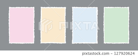 Torn paper frame backgrounds. Colored blank sheet wallpapers with jagged edges. Ripped grunge element bundle for poster, text box, banner, collage, sticker. Vector rectangle craft backdrops 127920624