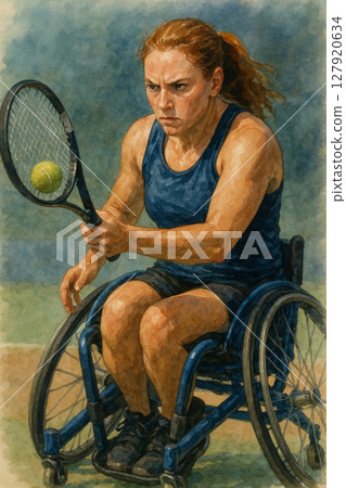 籃框椅網球選手的關注時刻 | 殘障婦女運動 | 水彩畫 127920634