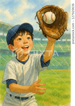 棒球場上的孩子們的笑聲 | 男孩觸球的瞬間 | 水彩風格的兒童動作集錦 127920636