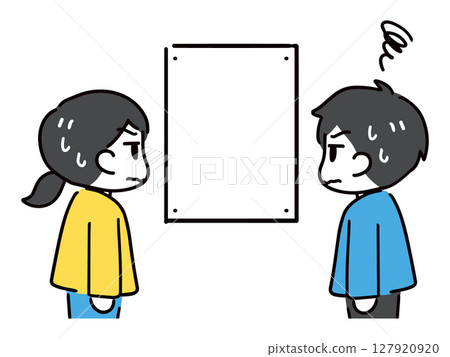 男人和女人帶著困惑的表情看著海報 127920920