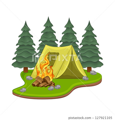 Illustration of Bonfire near the tent Illustration of Bonfire near the tent 127921105