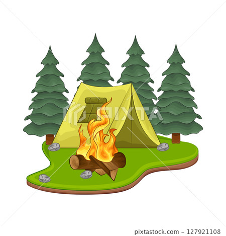 Illustration of Bonfire near the tent Illustration of Bonfire near the tent 127921108