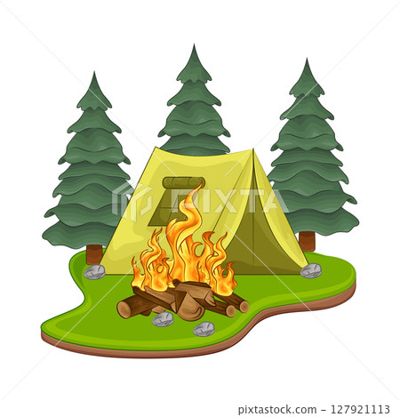 Illustration of Bonfire near the tent 127921113