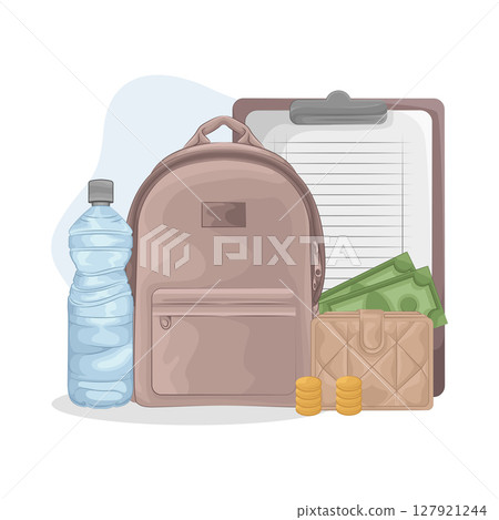 Illustration of Backpack and water bottle 127921244