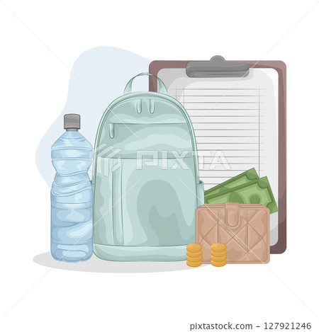Illustration of Backpack and water bottle 127921246