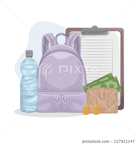 Illustration of Backpack and water bottle 127921247