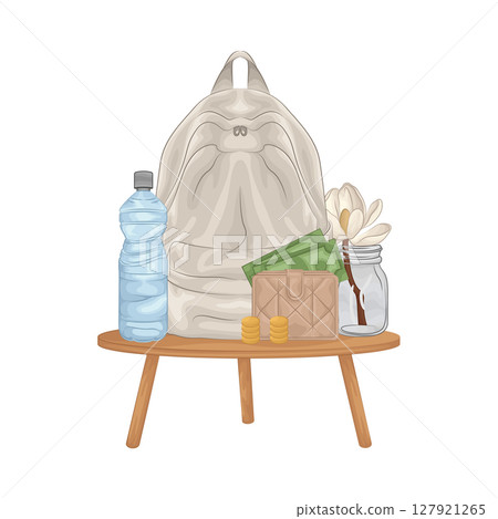 Illustration of Backpack and water bottle 127921265