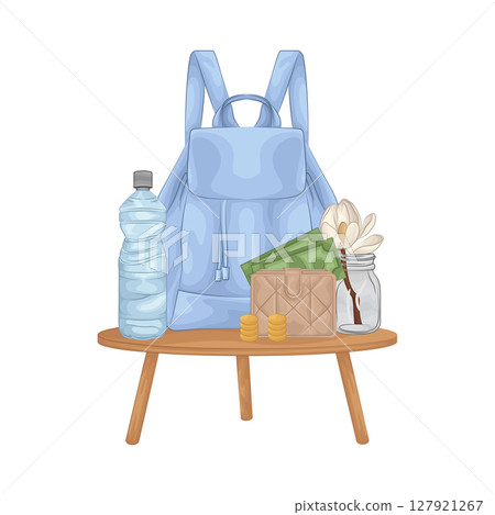 Illustration of Backpack and water bottle 127921267