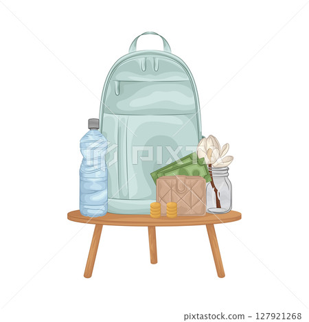 Illustration of Backpack and water bottle 127921268