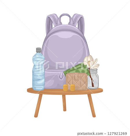 Illustration of Backpack and water bottle 127921269