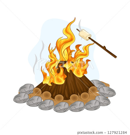 Illustration of Roasting marshmallows on a bonfire 127921284