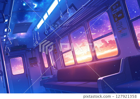 Inside a train running through the evening sky 127921358