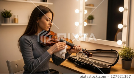 A woman preparing her violin in the dressing room before a concert 127921397