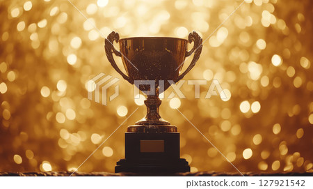beautifully crafted shiny trophy stands against backdrop of golden bokeh lights, symbolizing achievement and celebration 127921542