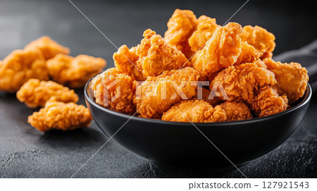 Crispy fried chicken pieces black bowl, showcasing delicious and appetizing meal. Perfect for gatherings and comfort food Crispy fried chicken pieces black bowl, showcasing delicious and appetizing meal. Perfect for gatherings and comfort food 127921543