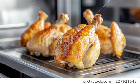 Crispy chicken wings arranged on stainless steel rack, showcasing delicious golden brown color and appetizing texture Crispy chicken wings arranged on stainless steel rack, showcasing delicious golden brown color and appetizing texture 127921545