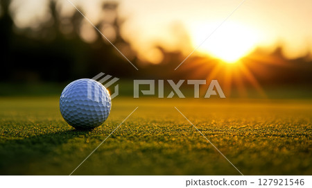 close up of golf ball on green with beautiful sunset in background, creating serene atmosphere close up of golf ball on green with beautiful sunset in background, creating serene atmosphere 127921546