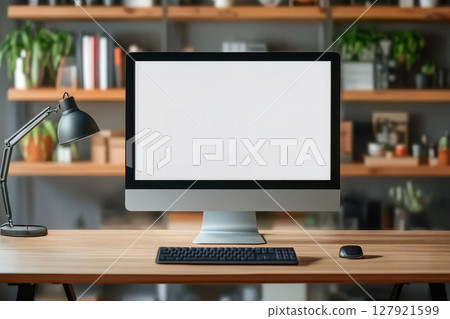 Modern home office setup featuring desktop computer, keyboard, and mouse wooden desk 127921599