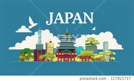 Japan urban illustration featuring modern buildings, trees, and cultural landmarks 127921717