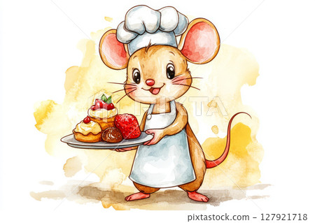 Cute cartoon mouse chef holding plate of desserts, smiling happily 127921718