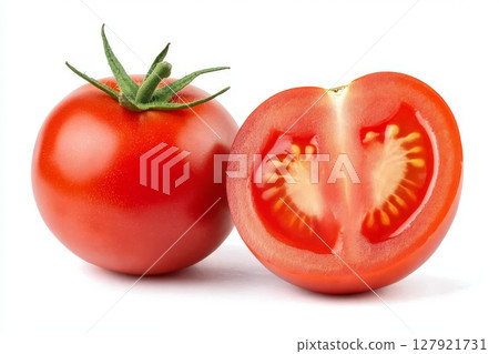 Fresh juicy red tomato cut in half, showcasing its vibrant interior and seeds Fresh juicy red tomato cut in half, showcasing its vibrant interior and seeds 127921731