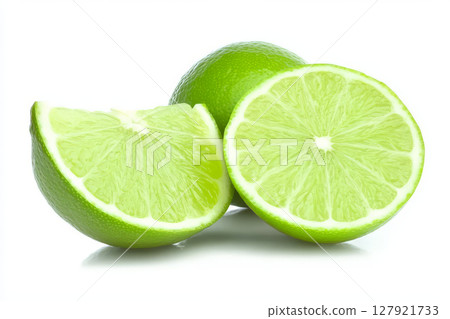 Fresh green lime with slices and half cut, vibrant and juicy 127921733