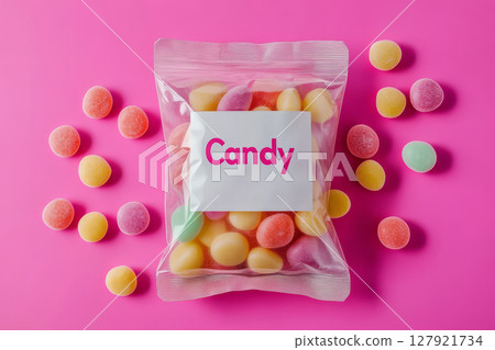 Candy bag mockup with colorful gum drops on vibrant pink background, evoking sweetness and joy 127921734