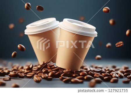 Warm coffee cups surrounded by scattered coffee beans create cozy atmosphere 127921735