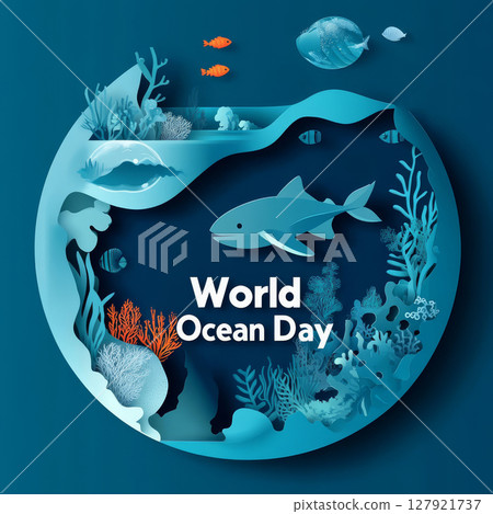 World Ocean Day poster featuring vibrant marine life and coral reefs, promoting ocean 127921737
