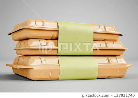 Stacked food containers with green band, ideal for takeout or meal prep, showcasing eco friendly Stacked food containers with green band, ideal for takeout or meal prep, showcasing eco friendly 127921740