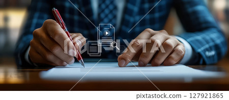 Professional individual is engaged in writing on document, showcasing focus and diligence 127921865